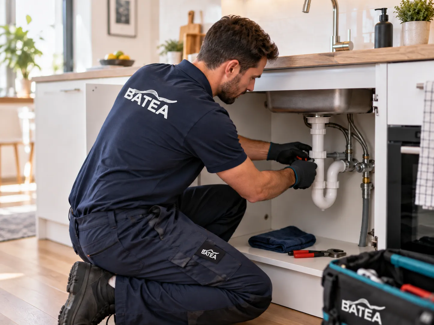 A plumber wearing a navy blue uniform with BATEA logos on the back and pants kneels on a wooden floor fixing pipes under a kitchen sink, using tools from a nearby BATEA-branded toolbox.