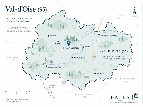 Map of Val-d’Oise (95) department in France showing main towns including L’Isle-Adam, Parmain, Auvers-sur-Oise, Méry-sur-Oise, Mériel, Presles, Beaumont-sur-Oise, and Taverny, with roads A16 and A115, rivers, and forested areas, highlighting natural heritage and sustainable project focus.