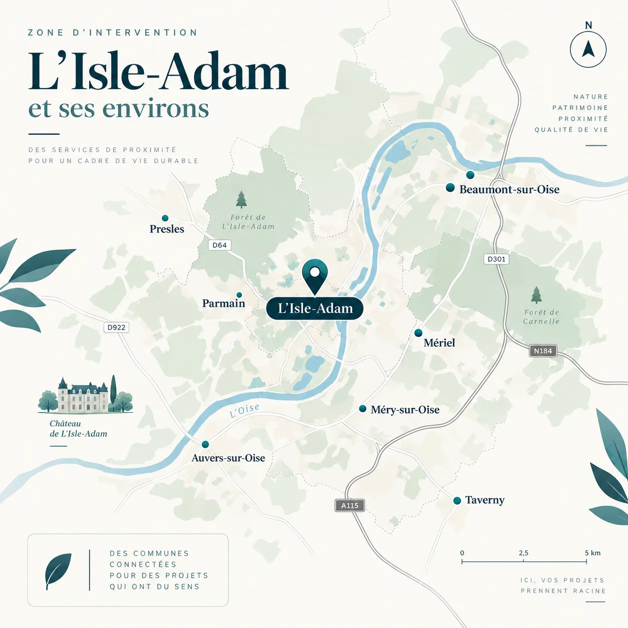 Map highlighting L'Isle-Adam and nearby towns including Presles, Parmain, Auvers-sur-Oise, Beaumont-sur-Oise, Mériel, Méry-sur-Oise, and Taverny, with surrounding forests Forêt de L'Isle-Adam and Forêt de Carnelle and the river L'Oise flowing through the area, showing main roads D64, D922, D301, N184 and A115, with a Château de L'Isle-Adam illustration and a scale bar up to 5 km.