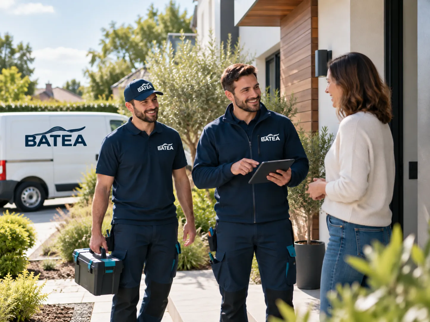 Two smiling uniformed repair technicians in navy BATEA uniforms standing outside a modern house; one holds a toolbox and the other a tablet, speaking with a woman in a white sweater and jeans on the doorstep, with a BATEA branded van parked nearby.