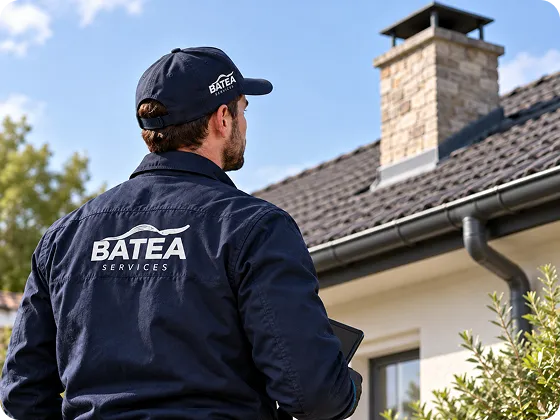 A man wearing a navy blue BATEA Services uniform and cap inspects a house roof with a chimney on a sunny day.