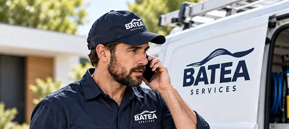 Man in navy blue BATEA Services uniform and cap talking on a phone near a white BATEA Services van with logo.