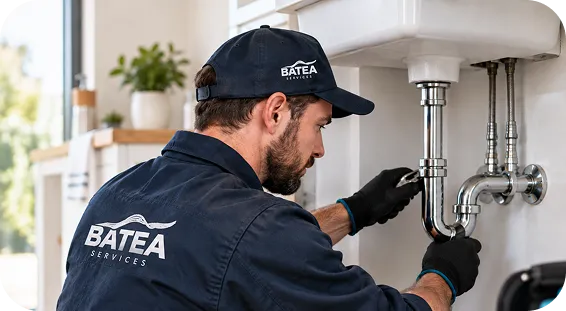 Plumber in navy blue BATEA Services uniform and cap tightening pipes under a sink using a wrench, inside a bright kitchen or bathroom.